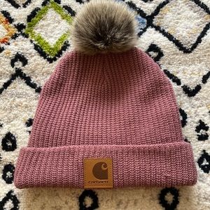 Carthartt Beanie Pink Mauve Knit Fleece Lined Brown Pom Pom Hat OS